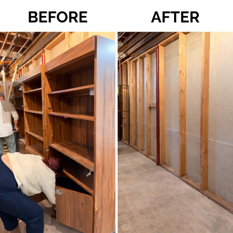 Basement Cleanout Before and After Before and after basement cleanout showing removal of built-in shelving and unwanted items