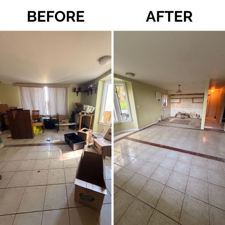 Living Room Cleanout Before and After Before and after living room cleanout showing cleared space and removed clutter