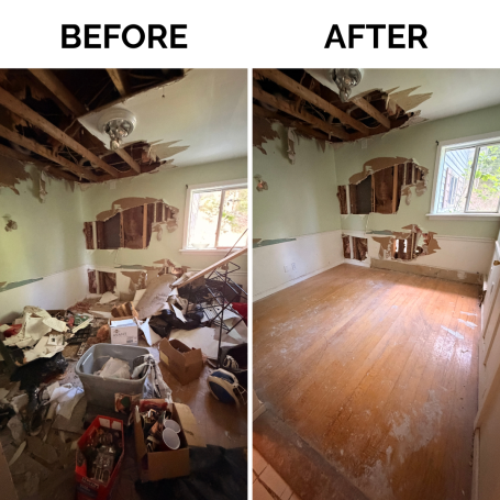 Property Cleanout Before and After Before and after property cleanout showing a cleared room after junk removal services