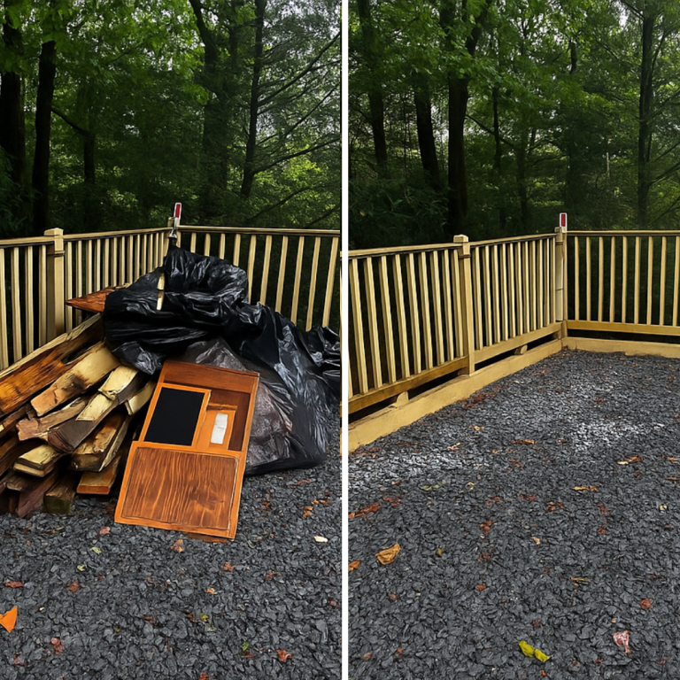 Before and After Junk Removal Project Before and after comparison showing a completed junk removal and property cleanout project