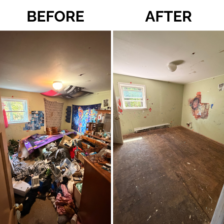 Room Cleanout Before and After Before and after room cleanout showing removal of furniture, trash, and unwanted items