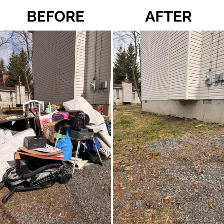 Exterior Property Cleanout Before and After Before and after outdoor property cleanout with debris and unwanted items removed
