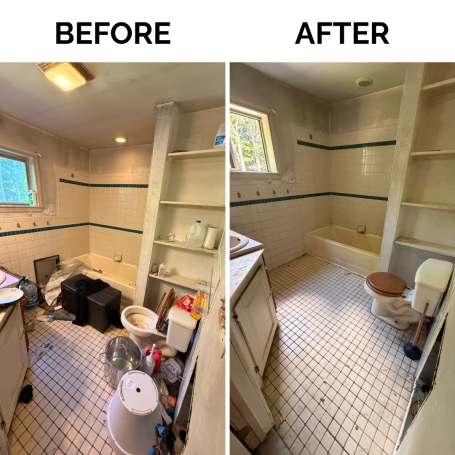 Bathroom Property Cleanout Before and After Before and after bathroom cleanout showing removed clutter and cleaned space