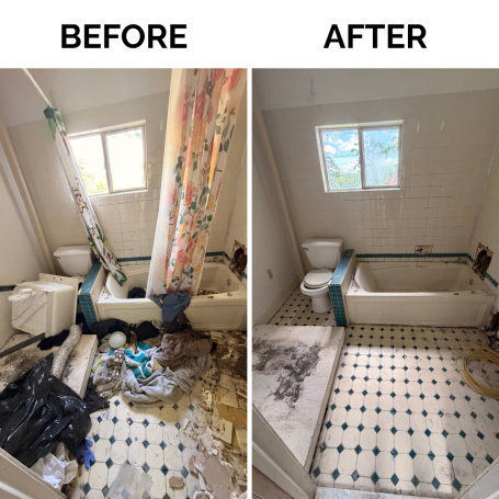 Bathroom Cleanout Before and After Before and after bathroom cleanout showing removal of unwanted items and debris
